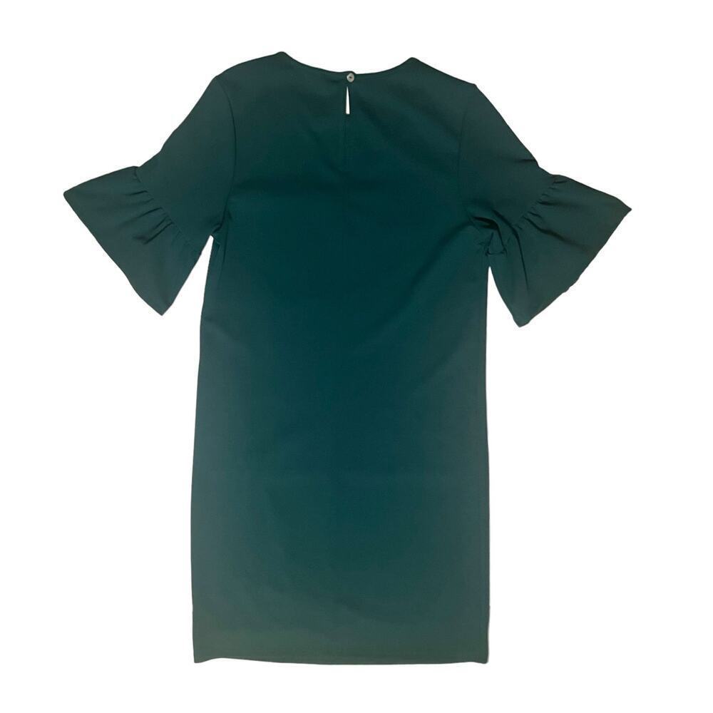 Les Amis Boutique Green Shift Dress Ruffle Short Bell Sleeve Size Medium Knee - Picture 5 of 13